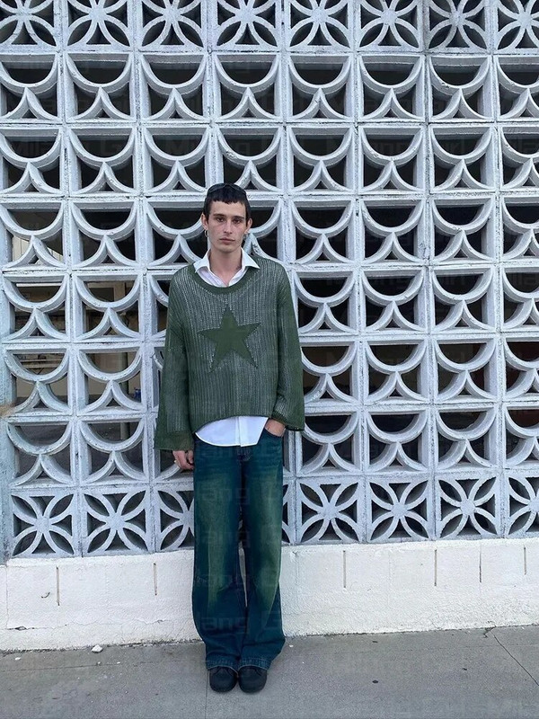 Vīriešu džemperis Harajuku Hollow Out Knit Pulovers Crewneck Rudens Vintage zvaigžņu grafika Grunge Top Fashion Kokvilnas džemperis sievietēm