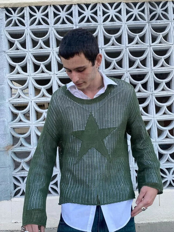 Vīriešu džemperis Harajuku Hollow Out Knit Pulovers Crewneck Rudens Vintage zvaigžņu grafika Grunge Top Fashion Kokvilnas džemperis sievietēm