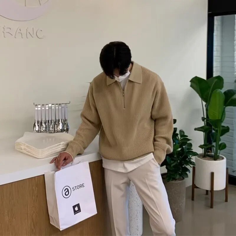 Πόλο μπλουζάκια για άντρες Μόδα Ευέλικτο Casual μονόχρωμο πουλόβερ μπουφάν με φερμουάρ Μακρυμάνικο Φαρδύ πουκάμισο Φθινόπωρο Νέο 2023