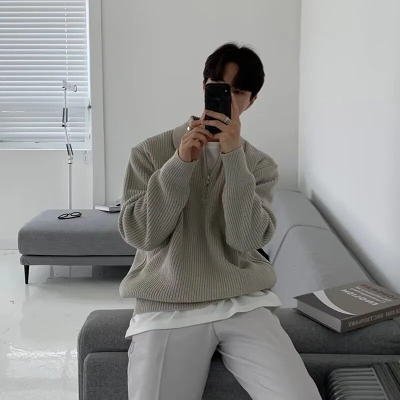 Πόλο μπλουζάκια για άντρες Μόδα Ευέλικτο Casual μονόχρωμο πουλόβερ μπουφάν με φερμουάρ Μακρυμάνικο Φαρδύ πουκάμισο Φθινόπωρο Νέο 2023