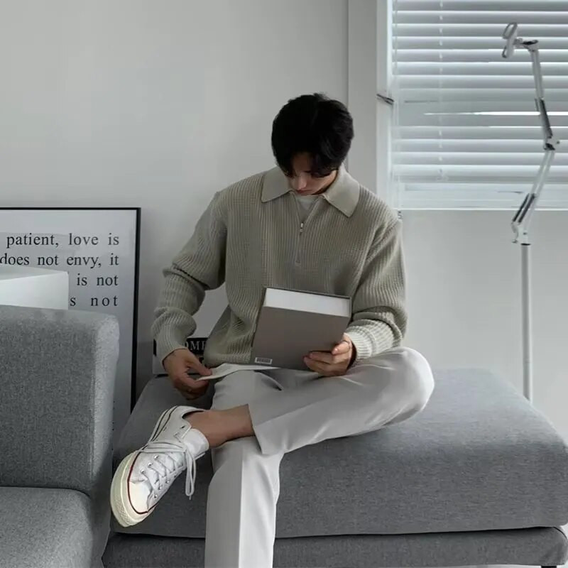 Πόλο μπλουζάκια για άντρες Μόδα Ευέλικτο Casual μονόχρωμο πουλόβερ μπουφάν με φερμουάρ Μακρυμάνικο Φαρδύ πουκάμισο Φθινόπωρο Νέο 2023