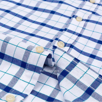 2023 100% καθαρό βαμβακερό ανδρικό κοντό μανίκι Oxford γιακά καρό ριγέ καλοκαιρινά καθημερινά πουκάμισα Πουκάμισο με μονή τσέπη