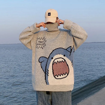 ZAZOMDE Мъжки водолазки Shark Sweater Men 2023 Winter Patchwor Harajuku Корейски стил с висока яка Голяма сива водолазка за мъже