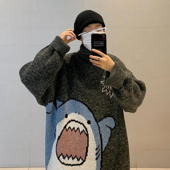 ZAZOMDE Мъжки водолазки Shark Sweater Men 2023 Winter Patchwor Harajuku Корейски стил с висока яка Голяма сива водолазка за мъже