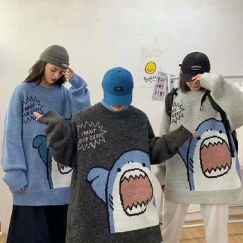 ZAZOMDE Мъжки водолазки Shark Sweater Men 2023 Winter Patchwor Harajuku Корейски стил с висока яка Голяма сива водолазка за мъже