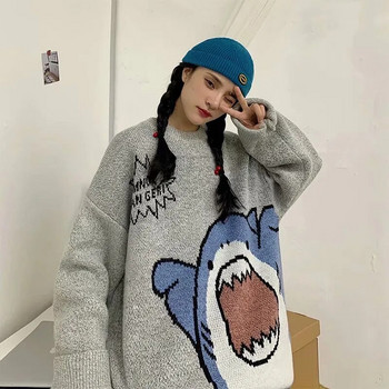 ZAZOMDE Мъжки водолазки Shark Sweater Men 2023 Winter Patchwor Harajuku Корейски стил с висока яка Голяма сива водолазка за мъже