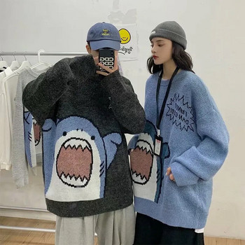 ZAZOMDE Мъжки водолазки Shark Sweater Men 2023 Winter Patchwor Harajuku Корейски стил с висока яка Голяма сива водолазка за мъже