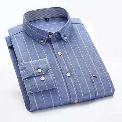 Vyriški languoti marškiniai iš 100 % grynos medvilnės Oksfordo ilgomis rankovėmis pavasario laisvalaikio dryžuoti vienspalviai kasdieniniai marškiniai su sagutėmis apykaklė, didelė 7XL