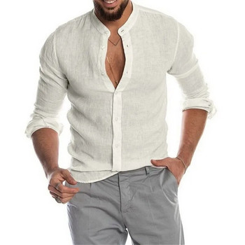 Мъжки едноцветни ленени ризи с дълги ръкави Ризи с копчета Тенденция Големи размери с яка с яка, ежедневни памучни горнища 5XL