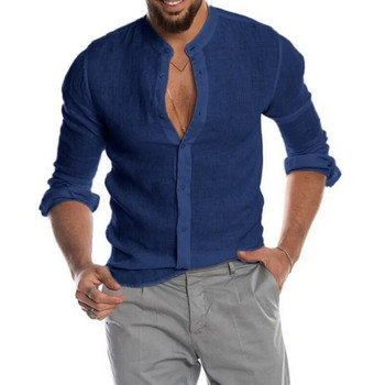 Мъжки едноцветни ленени ризи с дълги ръкави Ризи с копчета Тенденция Големи размери с яка с яка, ежедневни памучни горнища 5XL