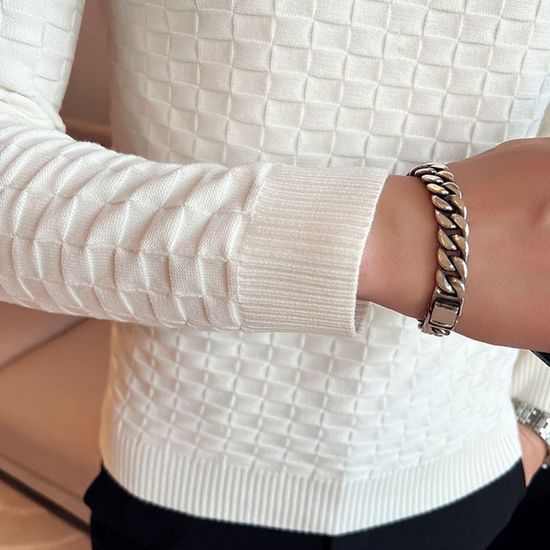 Φθινοπωρινό χειμωνιάτικο Stretch Ζακάρ υφαντό πουλόβερ με λαιμόκοψη Ανδρικό πουλόβερ με βάφλα με λεπτή εφαρμογή μακρυμάνικο πλεκτό πουλόβερ Casual Streetwear Homme