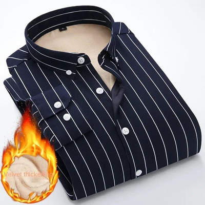 Vīriešu svītraini krekli Slim Fit ar garām piedurknēm 2023. gada ziemas flīss, biezināts, silti Camisas De Hombre korejiešu vienkrāsaini ikdienas kleitu krekli