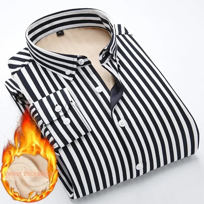 Vīriešu svītraini krekli Slim Fit ar garām piedurknēm 2023. gada ziemas flīss, biezināts, silti Camisas De Hombre korejiešu vienkrāsaini ikdienas kleitu krekli