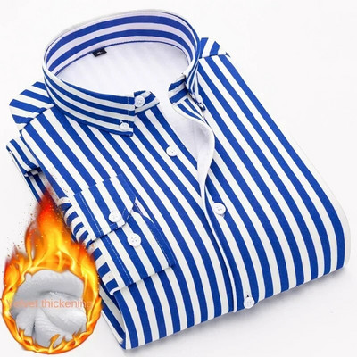 Vīriešu svītraini krekli Slim Fit ar garām piedurknēm 2023. gada ziemas flīss, biezināts, silti Camisas De Hombre korejiešu vienkrāsaini ikdienas kleitu krekli