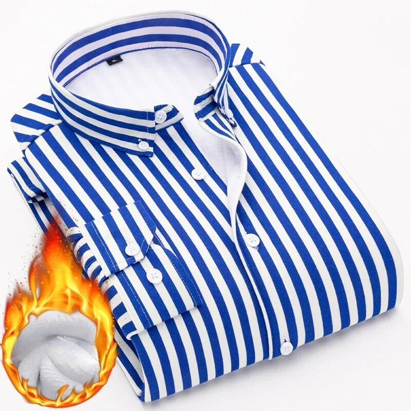 Vīriešu svītraini krekli Slim Fit ar garām piedurknēm 2023. gada ziemas flīss, biezināts, silti Camisas De Hombre korejiešu vienkrāsaini ikdienas kleitu krekli