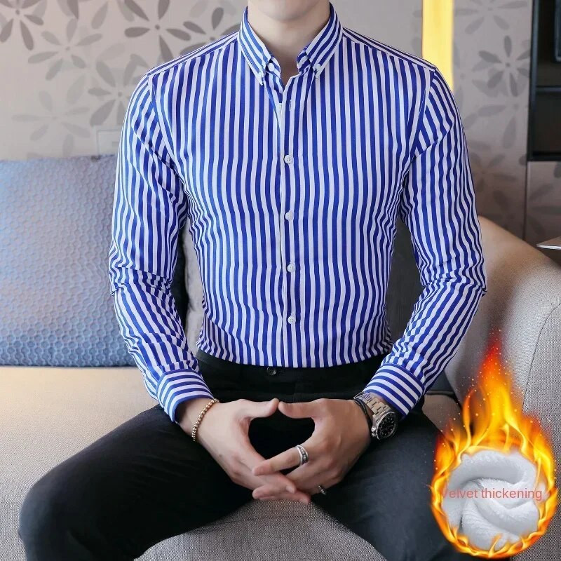 Vīriešu svītraini krekli Slim Fit ar garām piedurknēm 2023. gada ziemas flīss, biezināts, silti Camisas De Hombre korejiešu vienkrāsaini ikdienas kleitu krekli