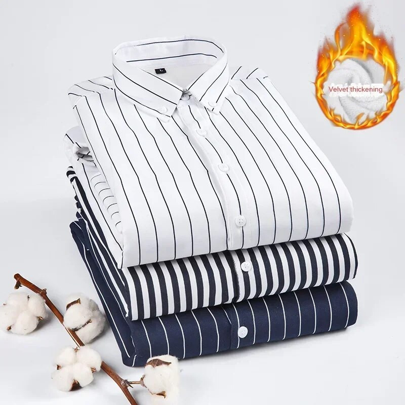 Vīriešu svītraini krekli Slim Fit ar garām piedurknēm 2023. gada ziemas flīss, biezināts, silti Camisas De Hombre korejiešu vienkrāsaini ikdienas kleitu krekli