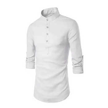 Мъжка ежедневна стояща яка, едноцветна ленена риза с дълъг ръкав, модерен дишащ свободен младежки модел