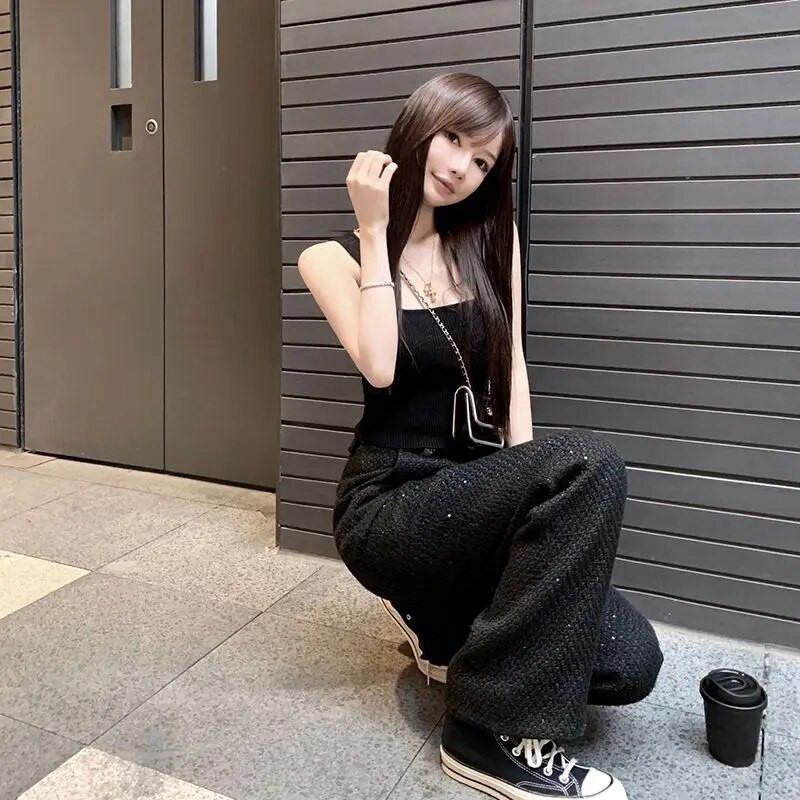 Cargo Παντελόνι Γυναικείο Pantalones De Mujer Φαρδύ παντελόνι Y2k Ψηλόμεσο λεπτό ίσιο casual Μαύρο παντελόνι με παγιέτες Φαρδύ παντελόνι