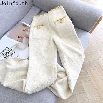Ίσιο γυναικείο παντελόνι 2023 Νέο πάτο Vintage Μόδα Tweed Παντελόνι με φαρδύ πόδι ψηλόμεσο λεπτή εφαρμογή Pantalon Femme κορεάτικο παντελόνι