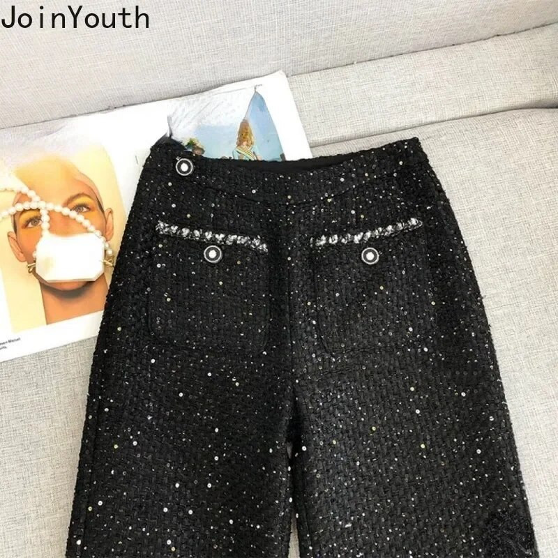 Taisnas sieviešu bikses 2023. g. jaunas apakšas, retro stila Tvīda platas bikses ar augstu vidukli, šauri pieguļošas Pantalon sieviešu korejiešu bikses