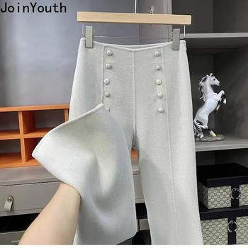 2023 Νέο παντελόνι χοντρό μάλλινο με φαρδύ πόδι Γυναικείο ίσιο παντελόνι ψηλόμεσο τουνίκ με διπλό στήθος Vintage Pantalon Femme