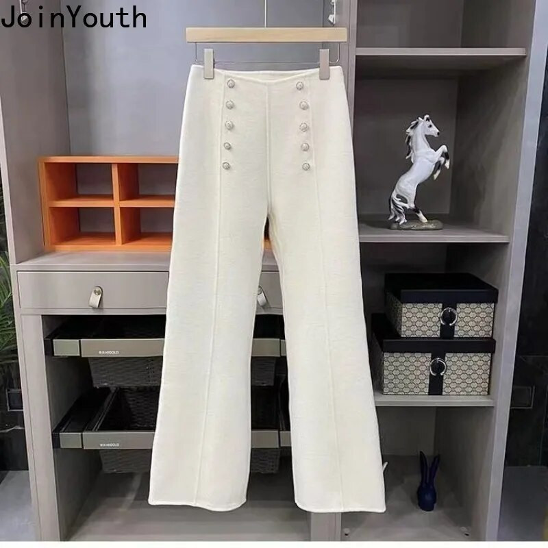 2023. Novi donji dio Debele vunene hlače širokih nogavica Ženske ravne hlače visokog struka Tunika s dvostrukim kopčanjem Vintage Pantalon Femme