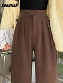 Seulas rudens ziemas pogas Vilnas ikdienišķas brīvas pilna garuma bikses 2023. gads. Jaunas ar augstu vidukli, elegantas, platas bikses, sieviešu bikses