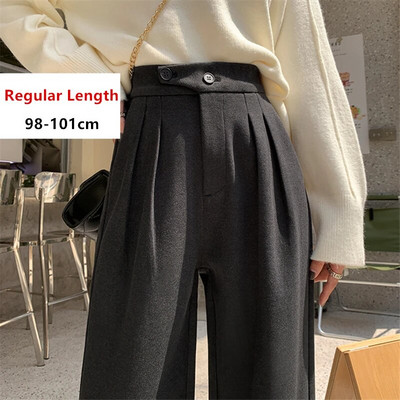 Seulas rudens ziemas pogas Vilnas ikdienišķas brīvas pilna garuma bikses 2023. gads. Jaunas ar augstu vidukli, elegantas, platas bikses, sieviešu bikses