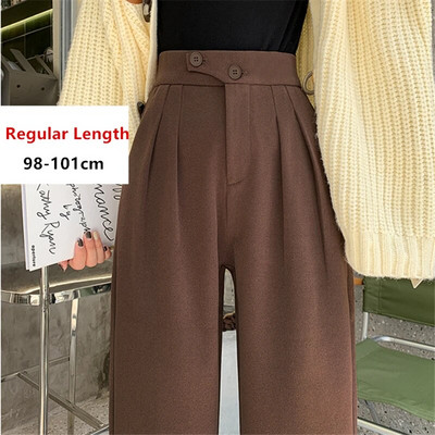 Seulas rudens ziemas pogas Vilnas ikdienišķas brīvas pilna garuma bikses 2023. gads. Jaunas ar augstu vidukli, elegantas, platas bikses, sieviešu bikses