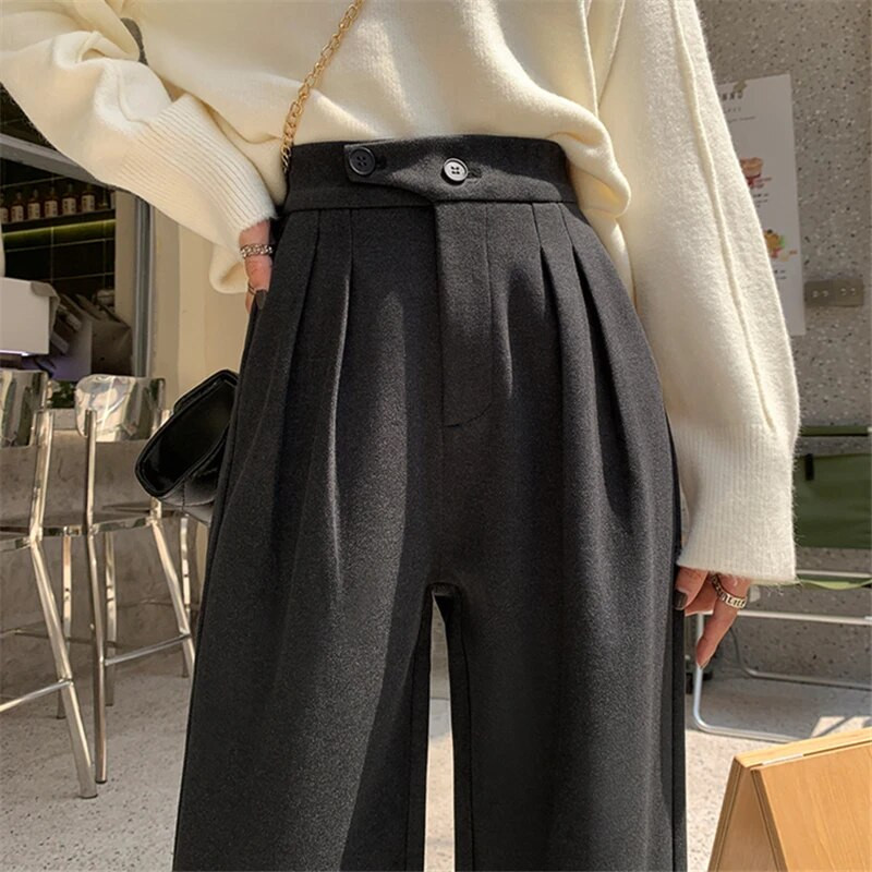Seulas rudens ziemas pogas Vilnas ikdienišķas brīvas pilna garuma bikses 2023. gads. Jaunas ar augstu vidukli, elegantas, platas bikses, sieviešu bikses