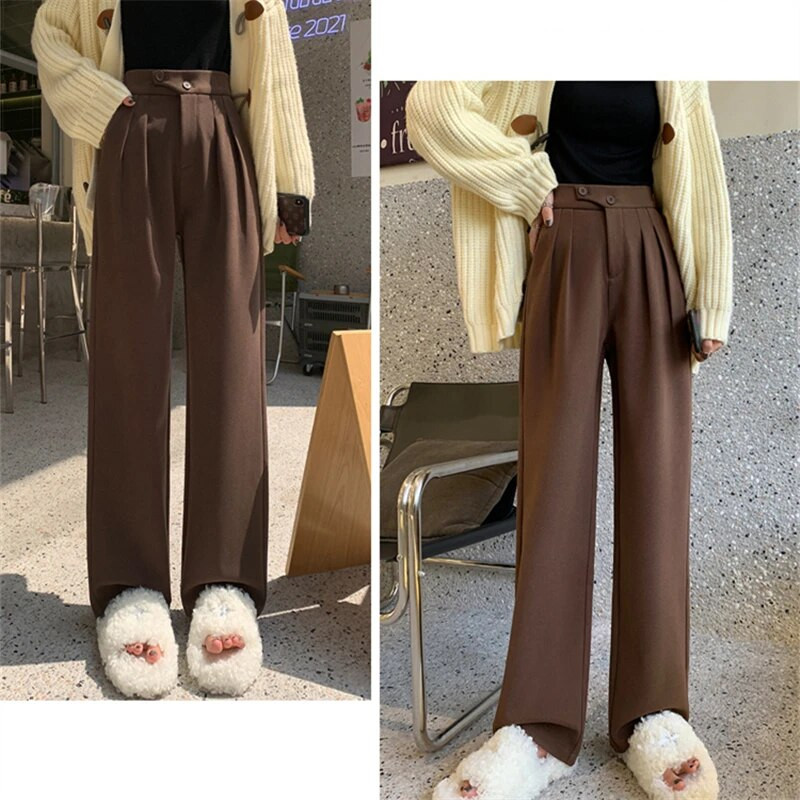 Seulas rudens ziemas pogas Vilnas ikdienišķas brīvas pilna garuma bikses 2023. gads. Jaunas ar augstu vidukli, elegantas, platas bikses, sieviešu bikses