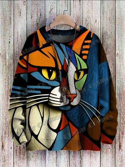 Abstract Art Cat πολύχρωμο μοτίβο 3D τυπωμένο ανδρικό πλεκτό πουλόβερ χειμωνιάτικο unisex Πλεκτό πουλόβερ ZZM43