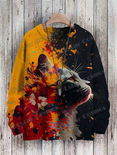 Abstract Art kaķu daudzkrāsu raksts 3D apdrukāts vīriešu trikotāžas džemperis, unisex, ikdienas trikotāžas džemperis ZZM43