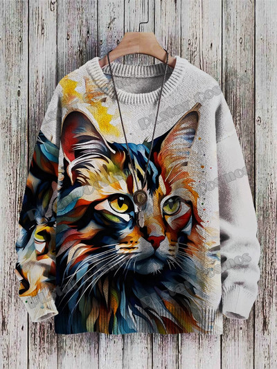 Abstract Art kaķu daudzkrāsu raksts 3D apdrukāts vīriešu trikotāžas džemperis, unisex, ikdienas trikotāžas džemperis ZZM43