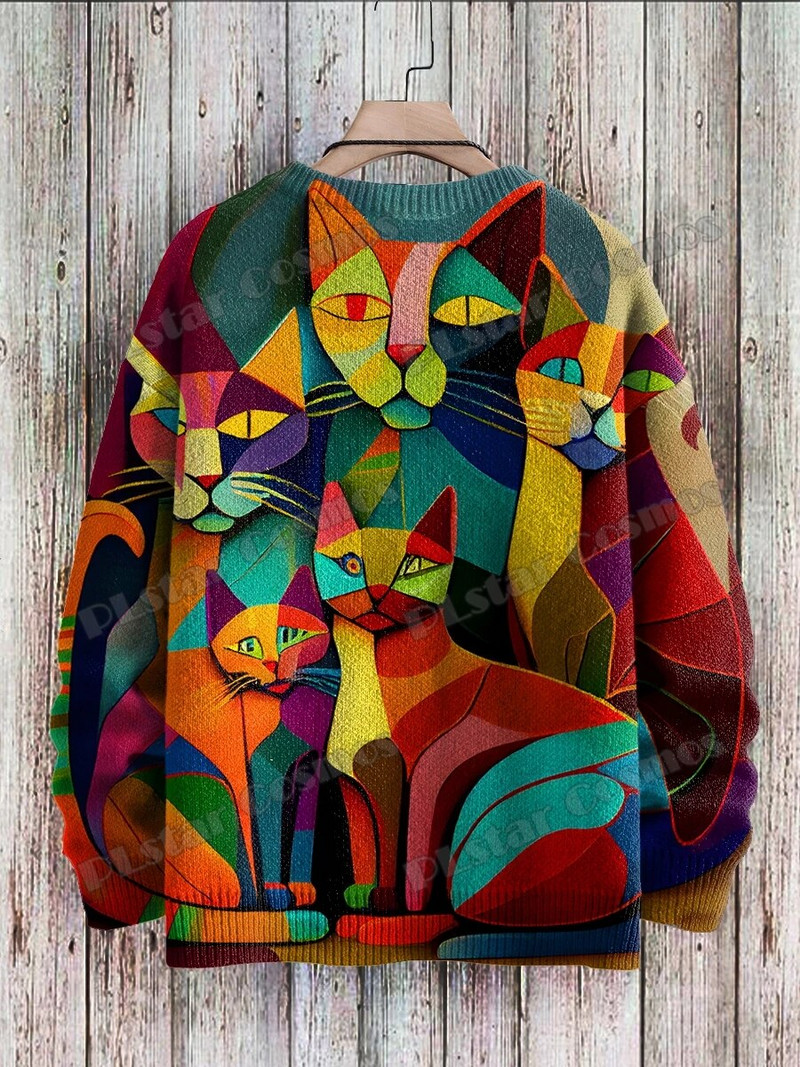 Abstract Art kaķu daudzkrāsu raksts 3D apdrukāts vīriešu trikotāžas džemperis, unisex, ikdienas trikotāžas džemperis ZZM43
