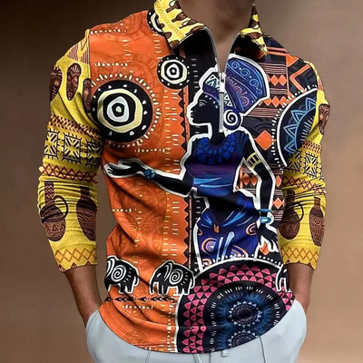 2022-es új férfi alkalmi, nyomtatott hosszú ujjú cipzáras póló Férfi őszi légáteresztő kényelmes retro 3D nyomott póló S-3X