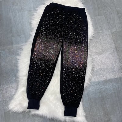 Pantaloni de sport cu strasuri fierbinți pentru femei, ocazional, colorați, cu talie elastică, pantaloni largi, pantaloni harem, pantaloni cu strasuri de desene animate pentru femei