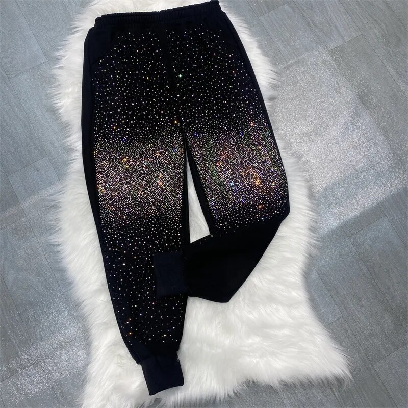 Hot Rhinestones melegítőnadrág nőknek alkalmi színes, rugalmas derékbő nadrágok Hárem nadrág Rajzfilm strasszos nadrág női