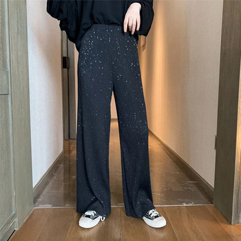 MEXZT Γυναικείο παντελόνι με πλισέ φαρδύ πόδι Ψηλόμεση Κορεάτικη μόδα Μαύρη με πούλιες ελαστικό ίσιο casual παντελόνι Streetwear Νέο