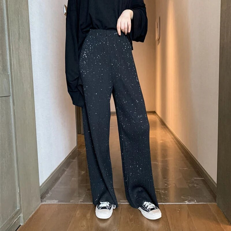 MEXZT női rakott széles szárú nadrág magas derekú koreai divat fekete flitteres elasztikus egyenes alkalmi nadrág Utcai ruházat Új