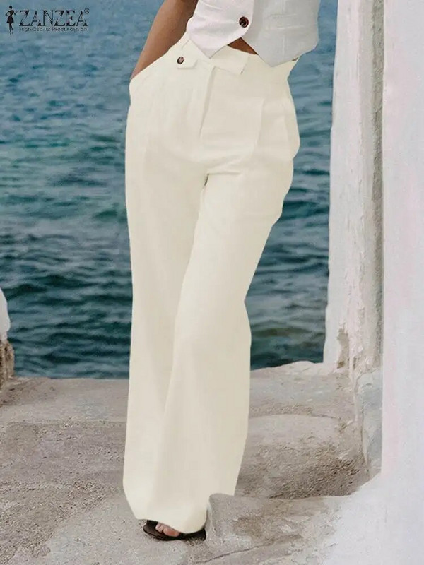 ZANZEA gadījuma sievietēm daudzpusīgas bikses Elegantas ar augstu vidukli kroku Ielu apģērba bikses Masīvas modes biroja sieviešu platas bikses