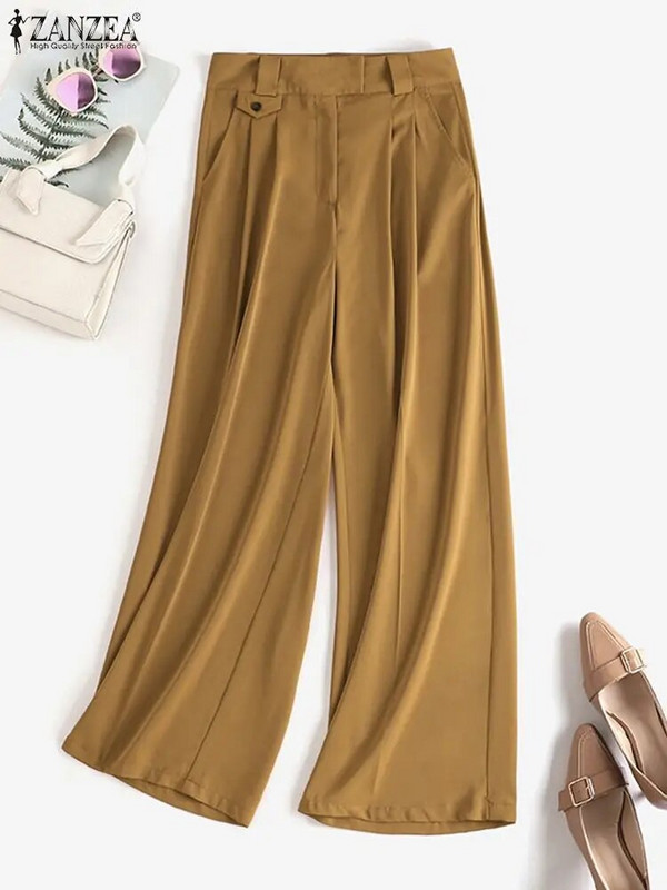 ZANZEA gadījuma sievietēm daudzpusīgas bikses Elegantas ar augstu vidukli kroku Ielu apģērba bikses Masīvas modes biroja sieviešu platas bikses