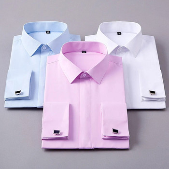 Мъжки класически френски маншети, плътна риза, покрита с панталони, официални бизнес стандартни бели ризи с дълъг ръкав за офис работа