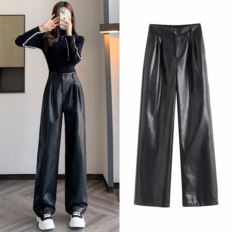 Seulas rudens ziemas pogas sieviešu PU ādas bikses 2023. g. Jaunas ar augstu vidukli, platas kājas, pilna garuma brīvas bikses, sieviešu bikses