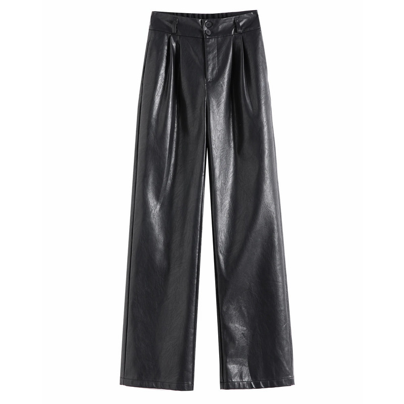 Seulas rudens ziemas pogas sieviešu PU ādas bikses 2023. g. Jaunas ar augstu vidukli, platas kājas, pilna garuma brīvas bikses, sieviešu bikses