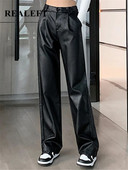 REALEFT fekete műbőr széles szárú nadrág női új, 2023 őszi téli rugalmas derék női bő nadrág Streetwear nadrág