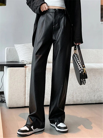 REALEFT Μαύρο από συνθετικό δέρμα παντελόνι με φαρδύ γυναικείο πόδι Νέο φθινόπωρο 2023 Χειμώνας ελαστική μέση Γυναικείο φαρδύ παντελόνι Streetwear Παντελόνι