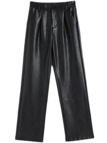 REALEFT Μαύρο από συνθετικό δέρμα παντελόνι με φαρδύ γυναικείο πόδι Νέο φθινόπωρο 2023 Χειμώνας ελαστική μέση Γυναικείο φαρδύ παντελόνι Streetwear Παντελόνι