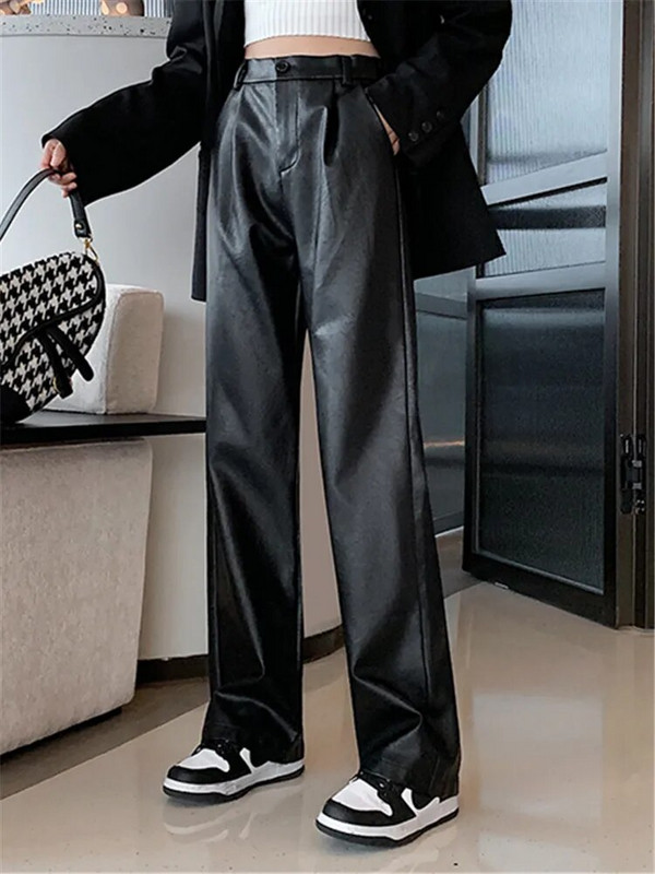 REALEFT fekete műbőr széles szárú nadrág női új, 2023 őszi téli rugalmas derék női bő nadrág Streetwear nadrág